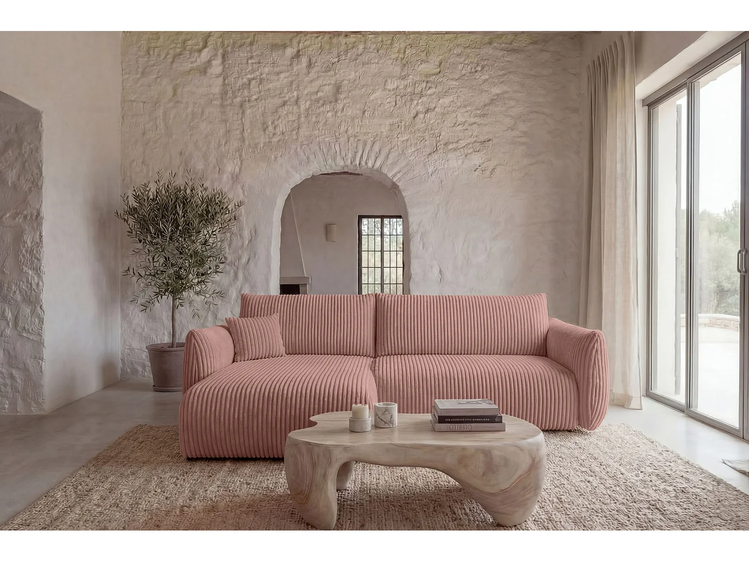 ELIO - Canapé d'angle convertible gros velours côtelé 4 places - Rose