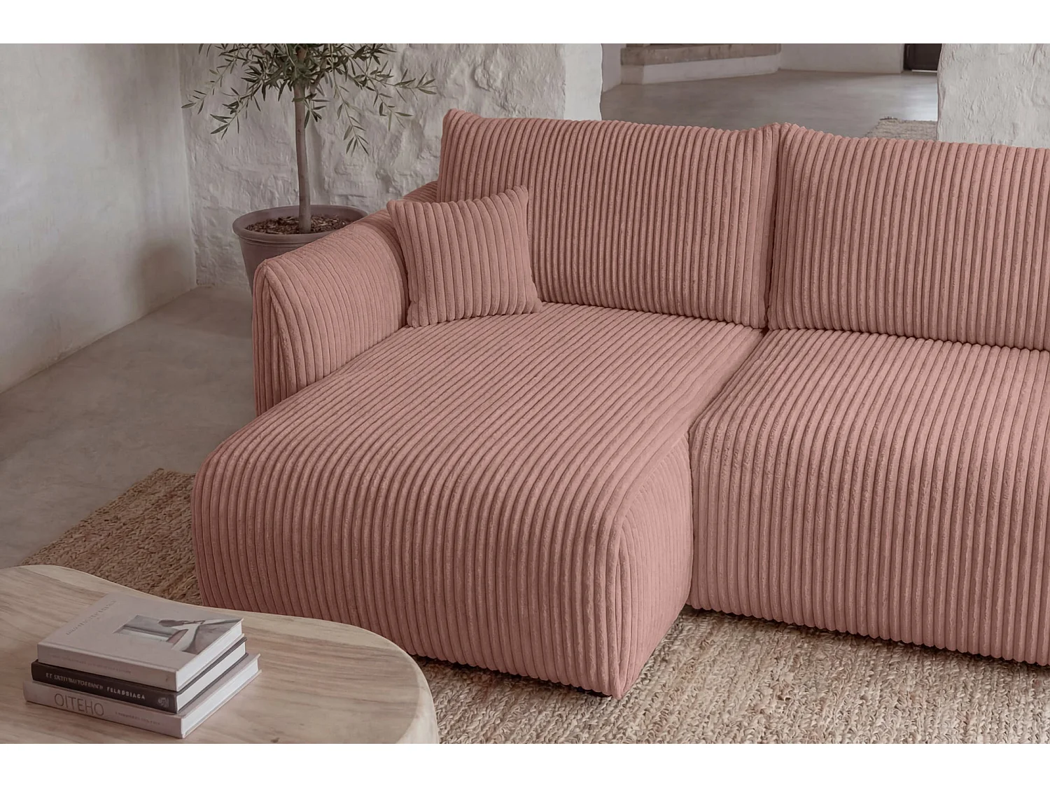 ELIO - Canapé d'angle convertible gros velours côtelé 4 places - Rose