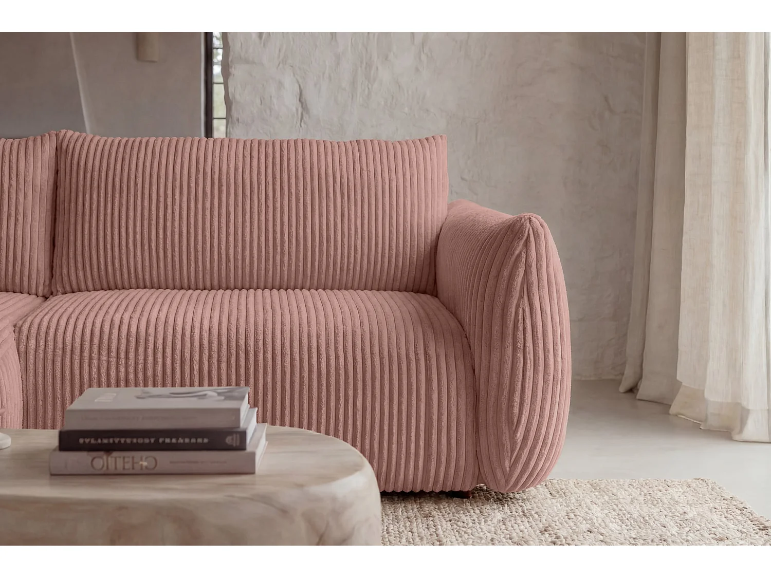 ELIO - Canapé d'angle convertible gros velours côtelé 4 places - Rose