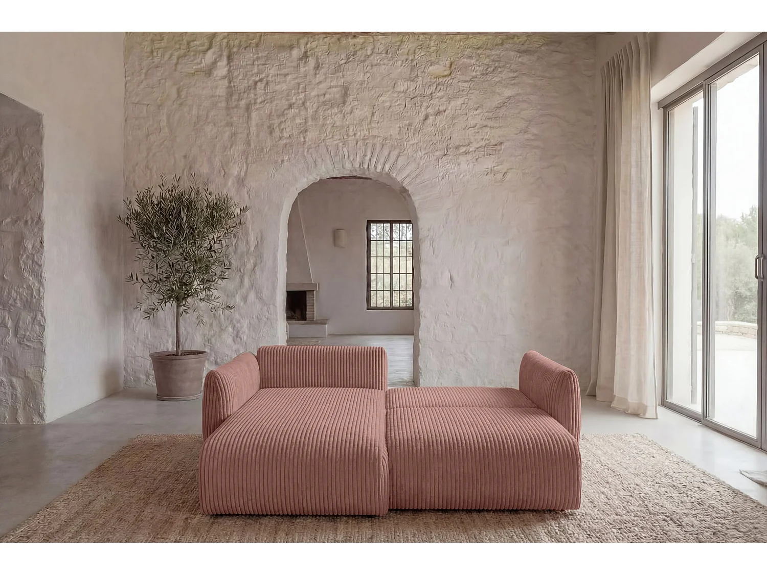 ELIO - Canapé d'angle convertible gros velours côtelé 4 places - Rose