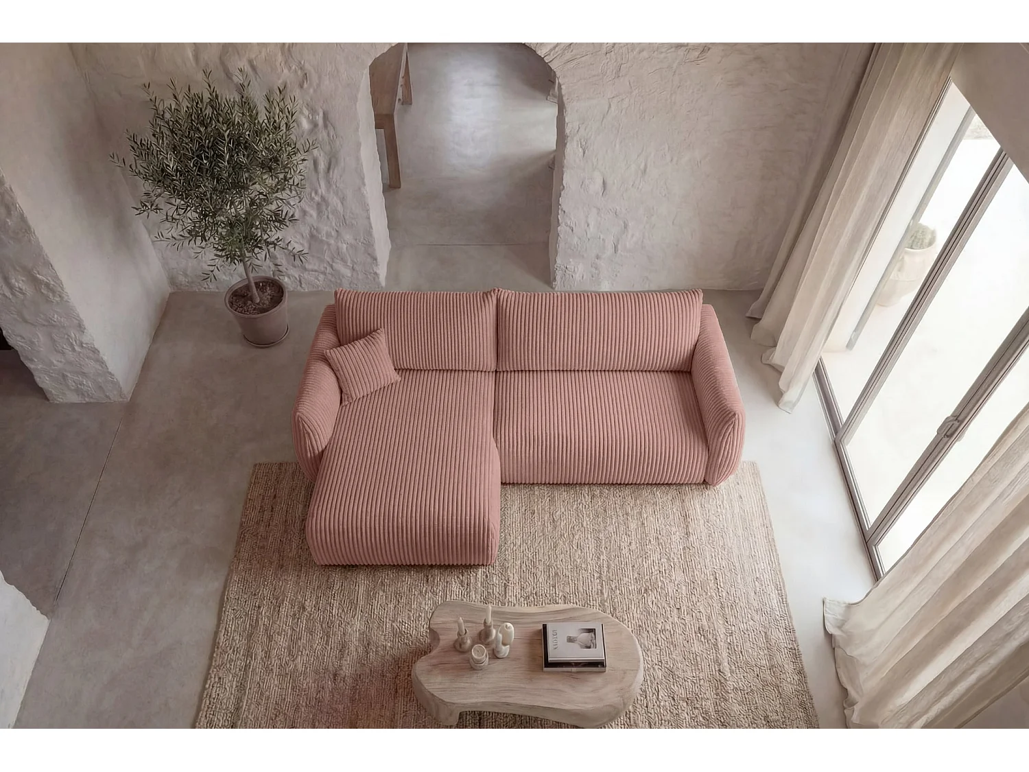 ELIO - Canapé d'angle convertible gros velours côtelé 4 places - Rose