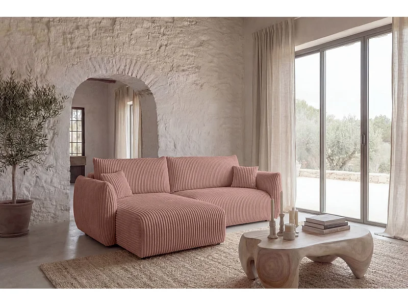 ELIO - Canapé d'angle convertible gros velours côtelé - Rose