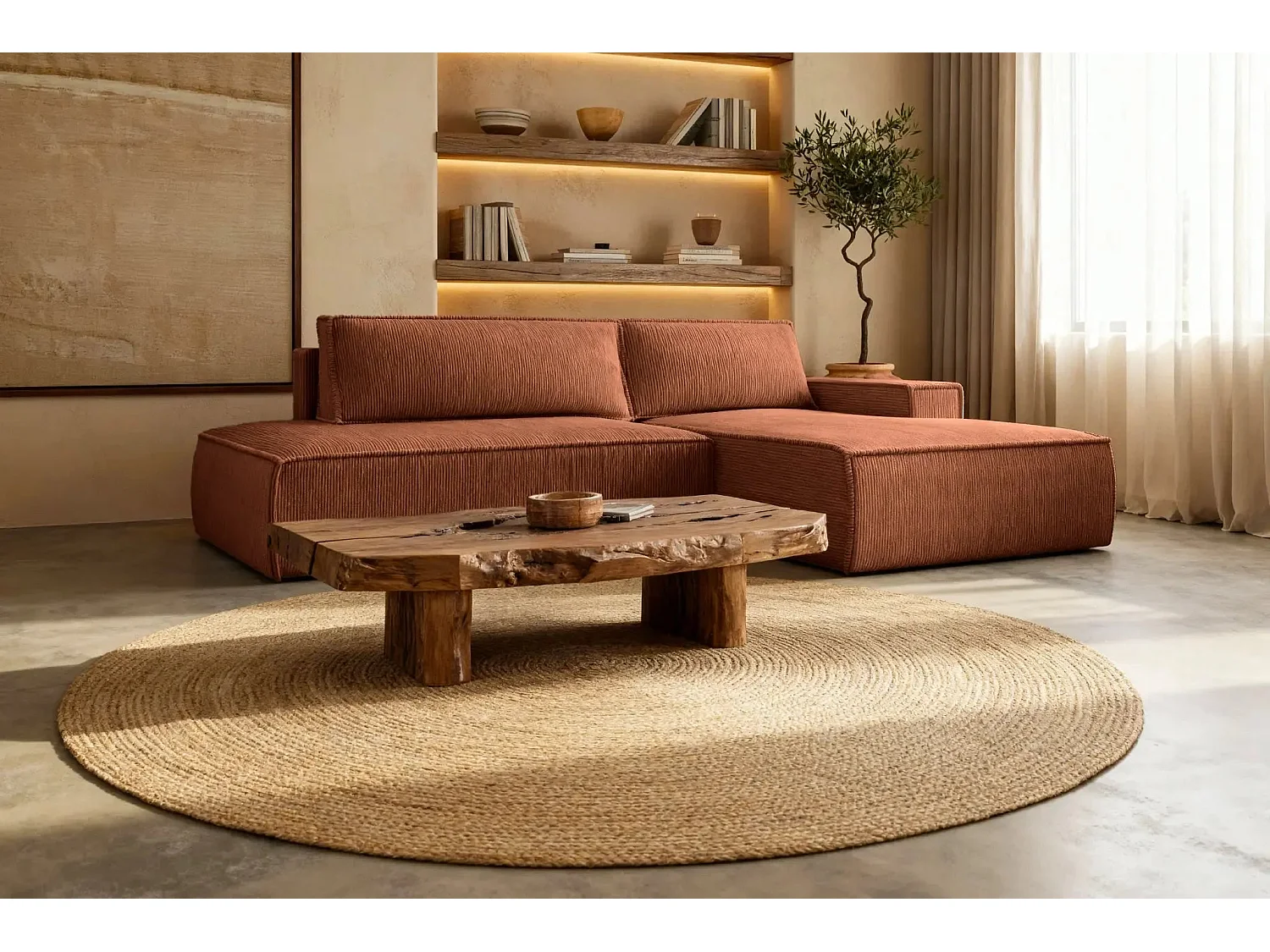 JADE - d'angle convertible velours côtelé - Terracotta - Gauche