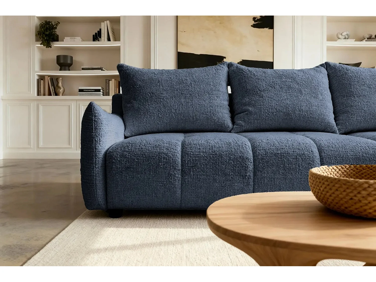 CELINE - Canapé d'angle convertible tissu chenille 4 places - Bleu - 128cm