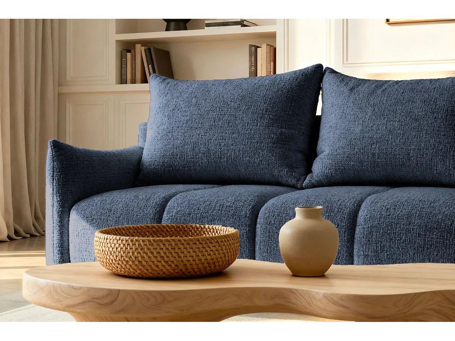 CELINE - Canapé d'angle convertible tissu chenille 4 places - Bleu - 128cm