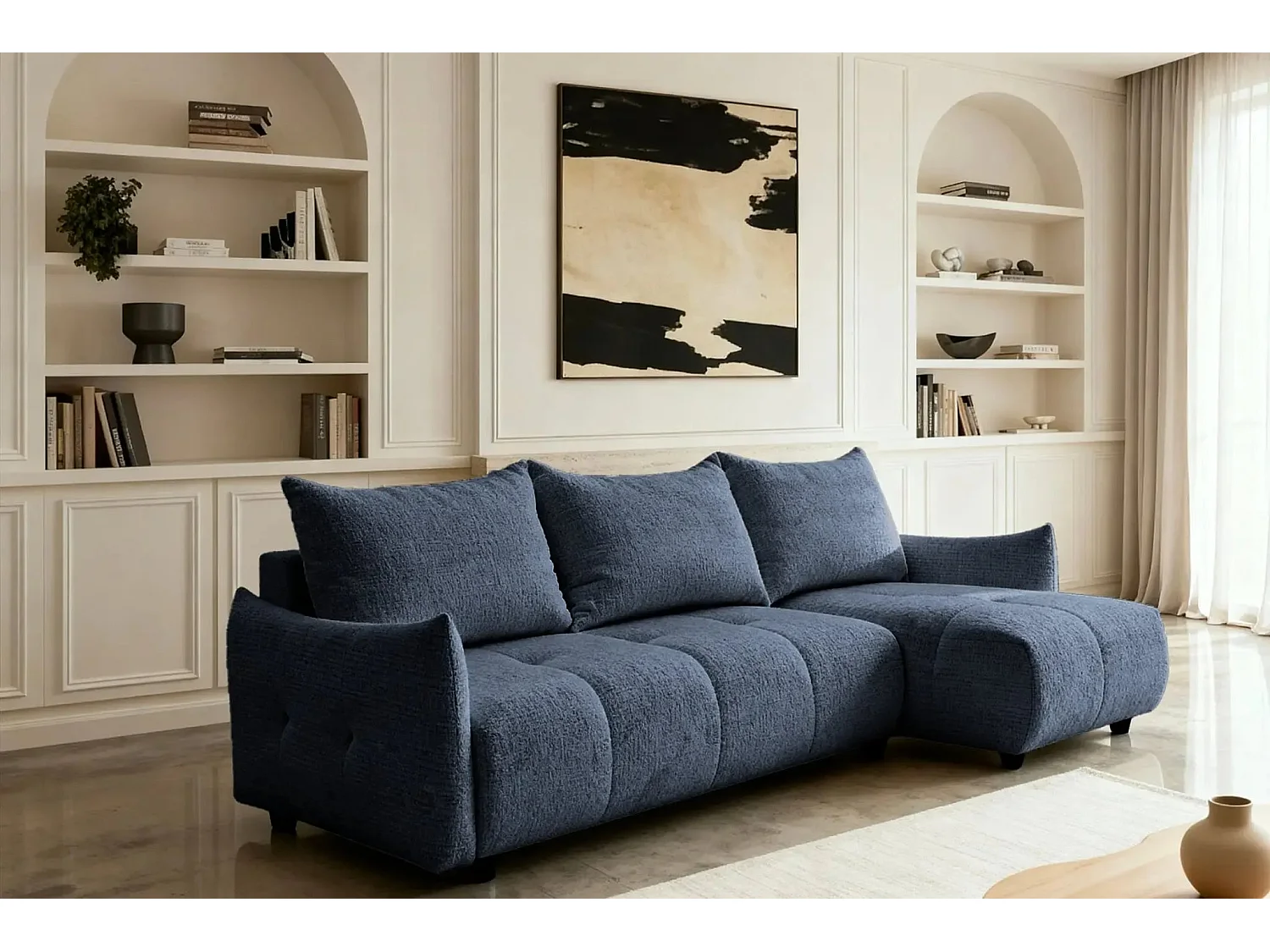 CELINE - Canapé d'angle convertible tissu chenille 4 places - Bleu - 128cm