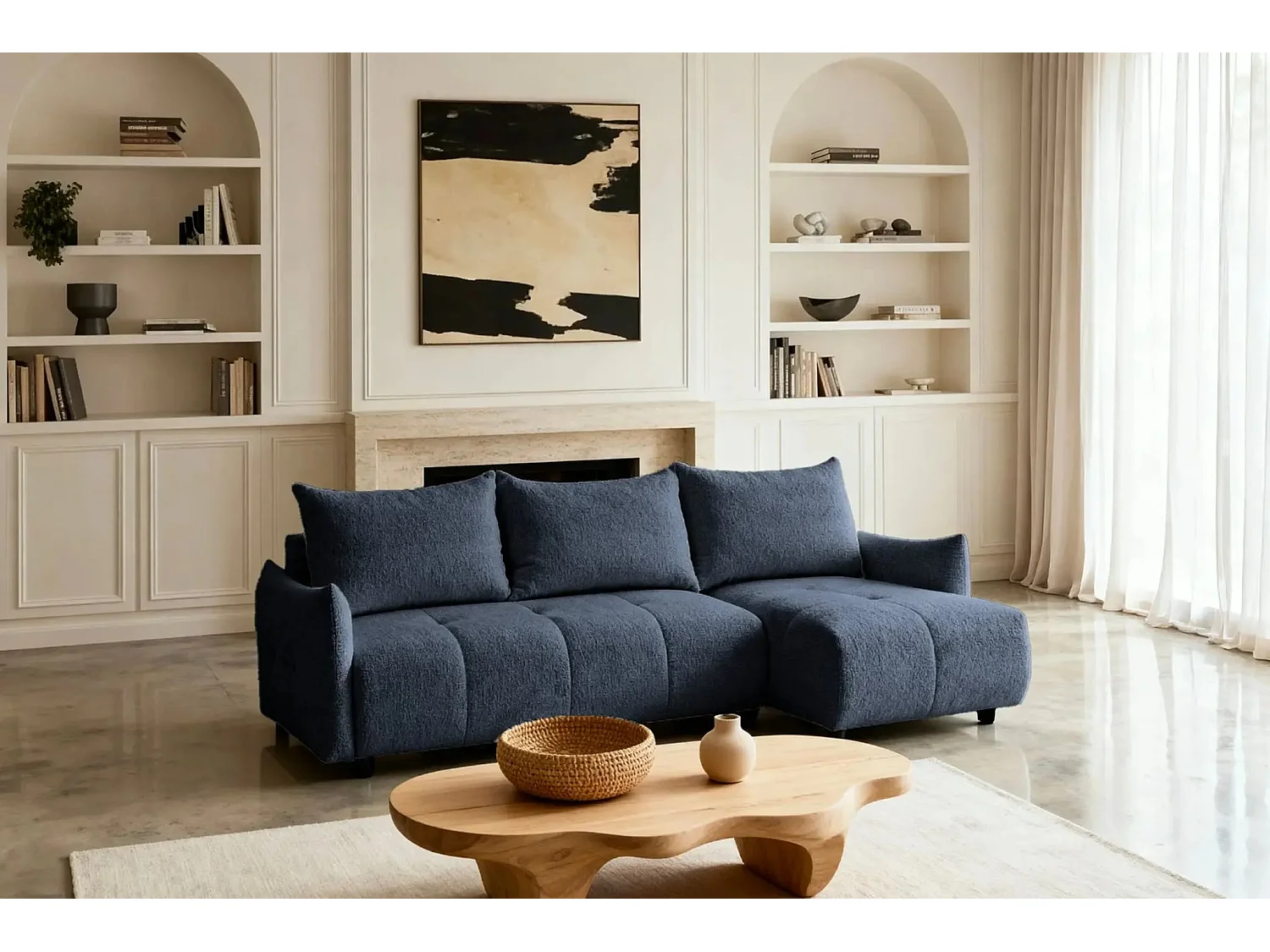 CELINE - Canapé d'angle convertible tissu chenille 4 places - Bleu - 128cm