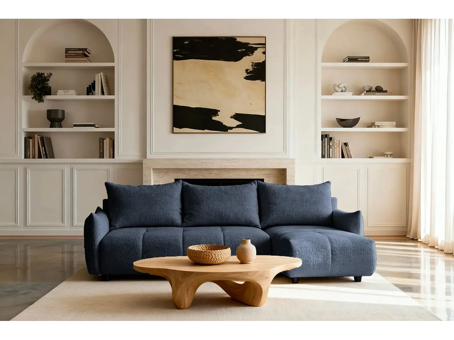 CELINE - Canapé d'angle convertible tissu chenille 4 places - Bleu - 128cm