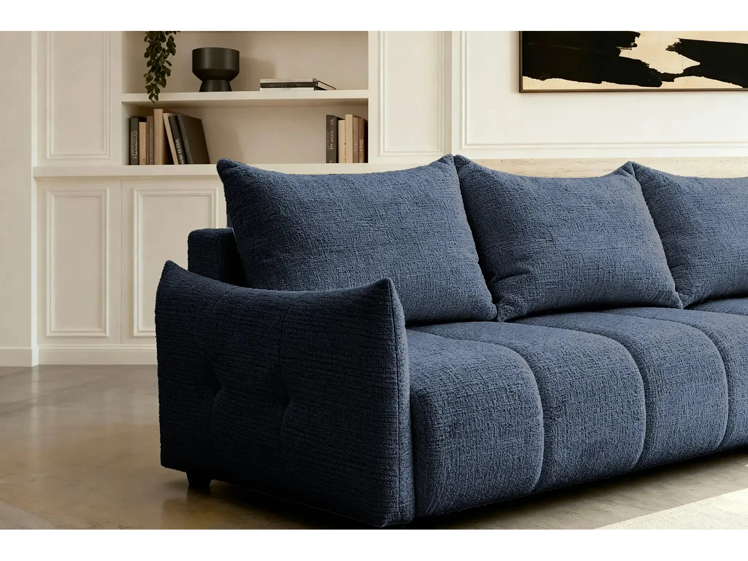 CELINE - Canapé d'angle convertible tissu chenille 4 places - Bleu - 128cm