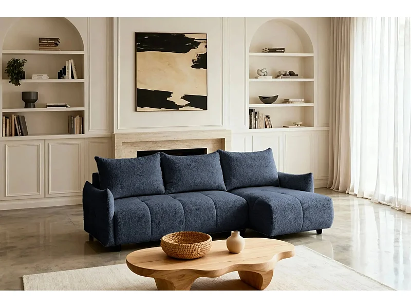 CELINE - Canapé d'angle convertible tissu chenille 4 places - Bleu - 128cm