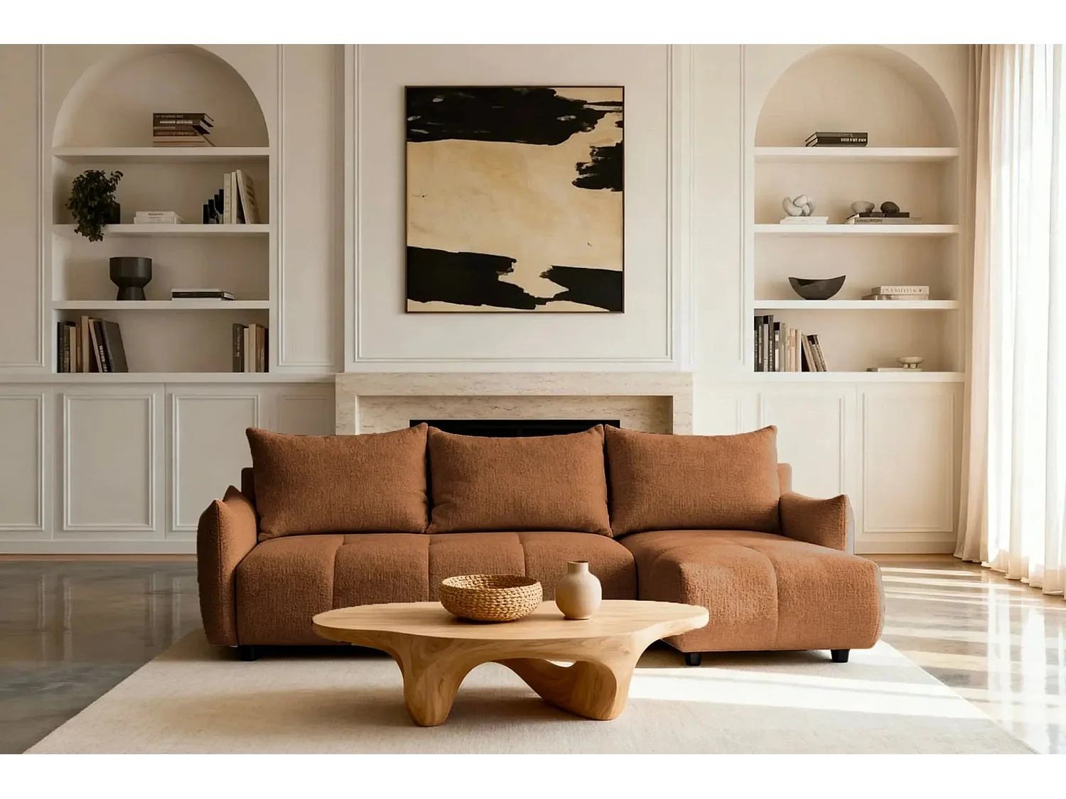 CELINE - Canapé d'angle convertible tissu chenille 4 places - Terracotta