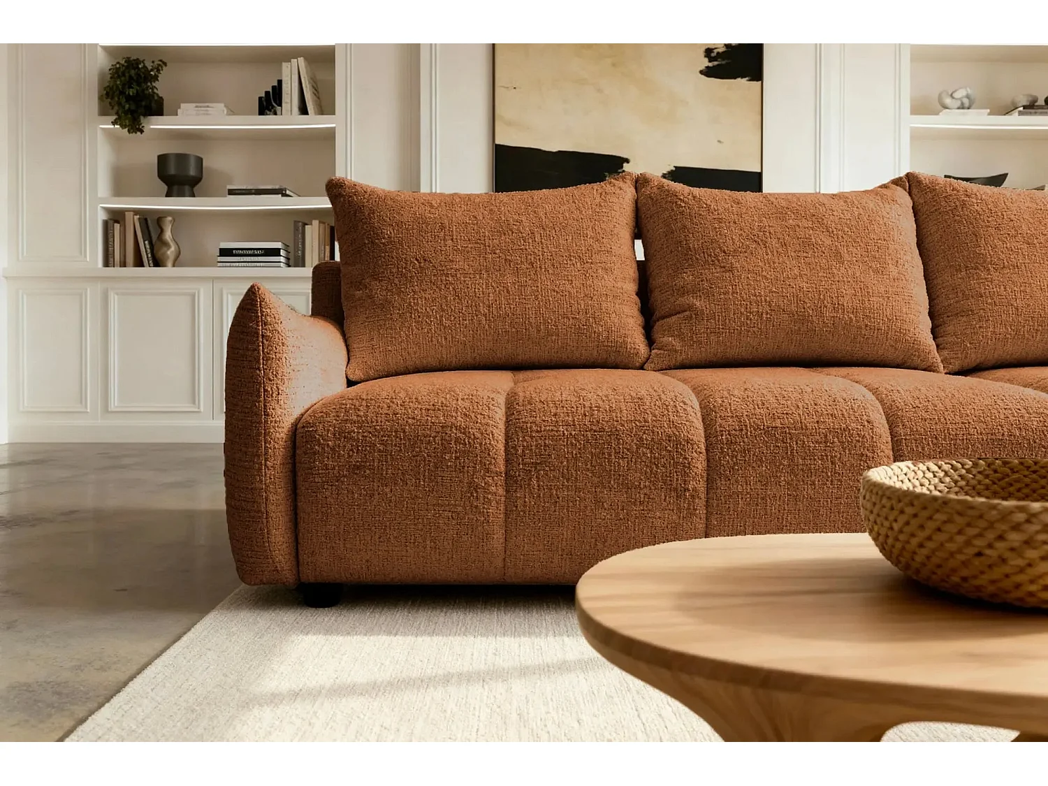 CELINE - Canapé d'angle convertible tissu chenille 4 places - Terracotta