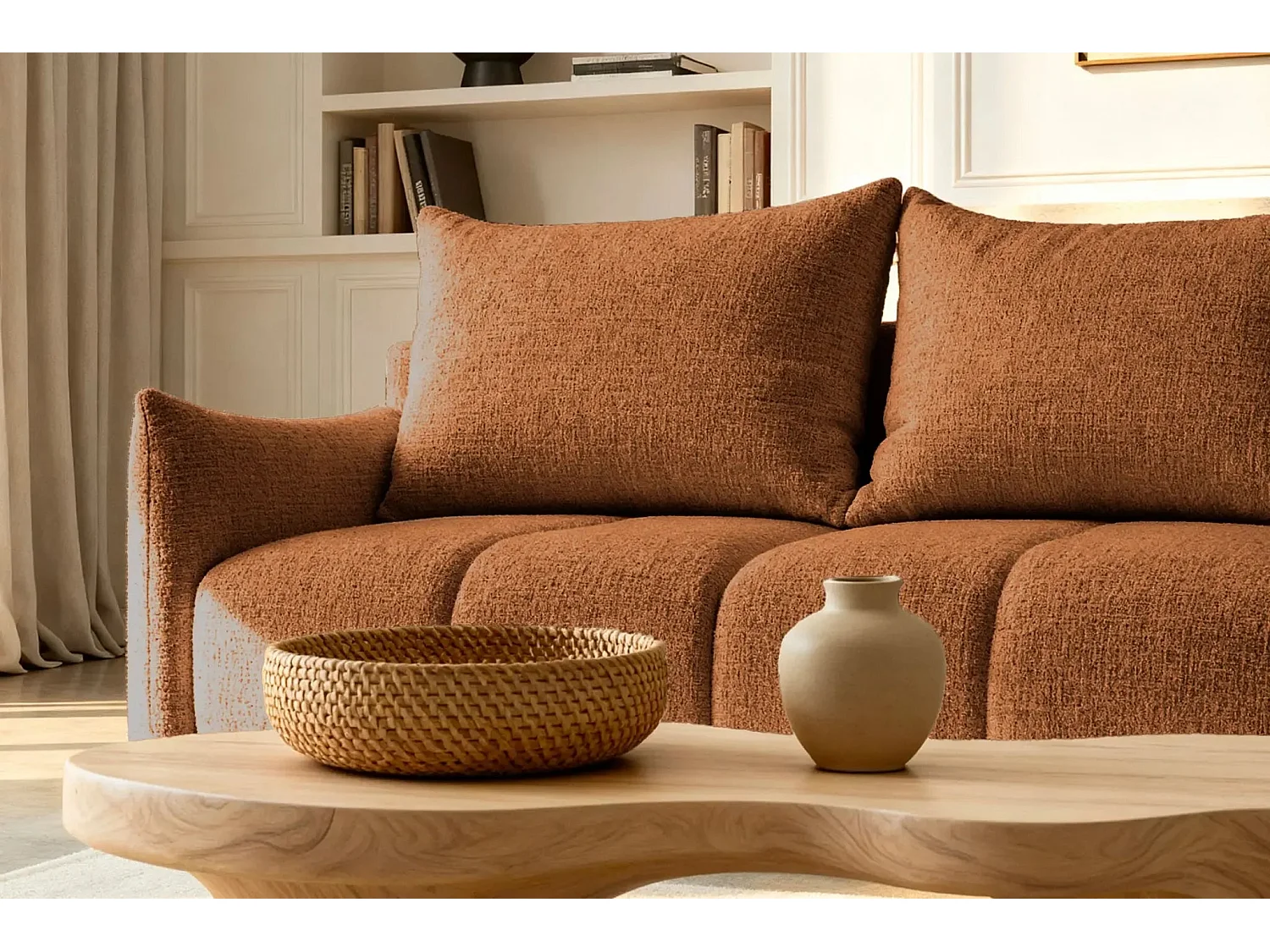 CELINE - Canapé d'angle convertible tissu chenille 4 places - Terracotta