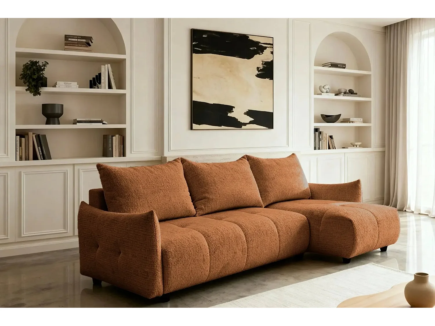 CELINE - Canapé d'angle convertible tissu chenille 4 places - Terracotta