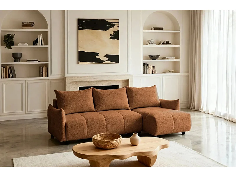 CELINE - Canapé d'angle convertible tissu chenille 4 places - Terracotta