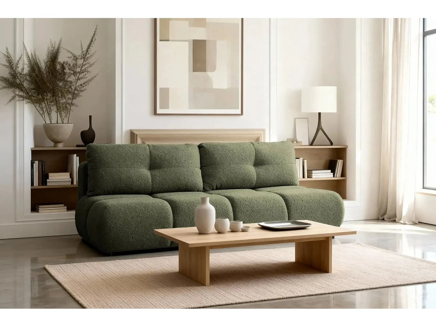 CONSTANCE MINI - Canapé droit convertible tissu bouclette 2 places - Vert