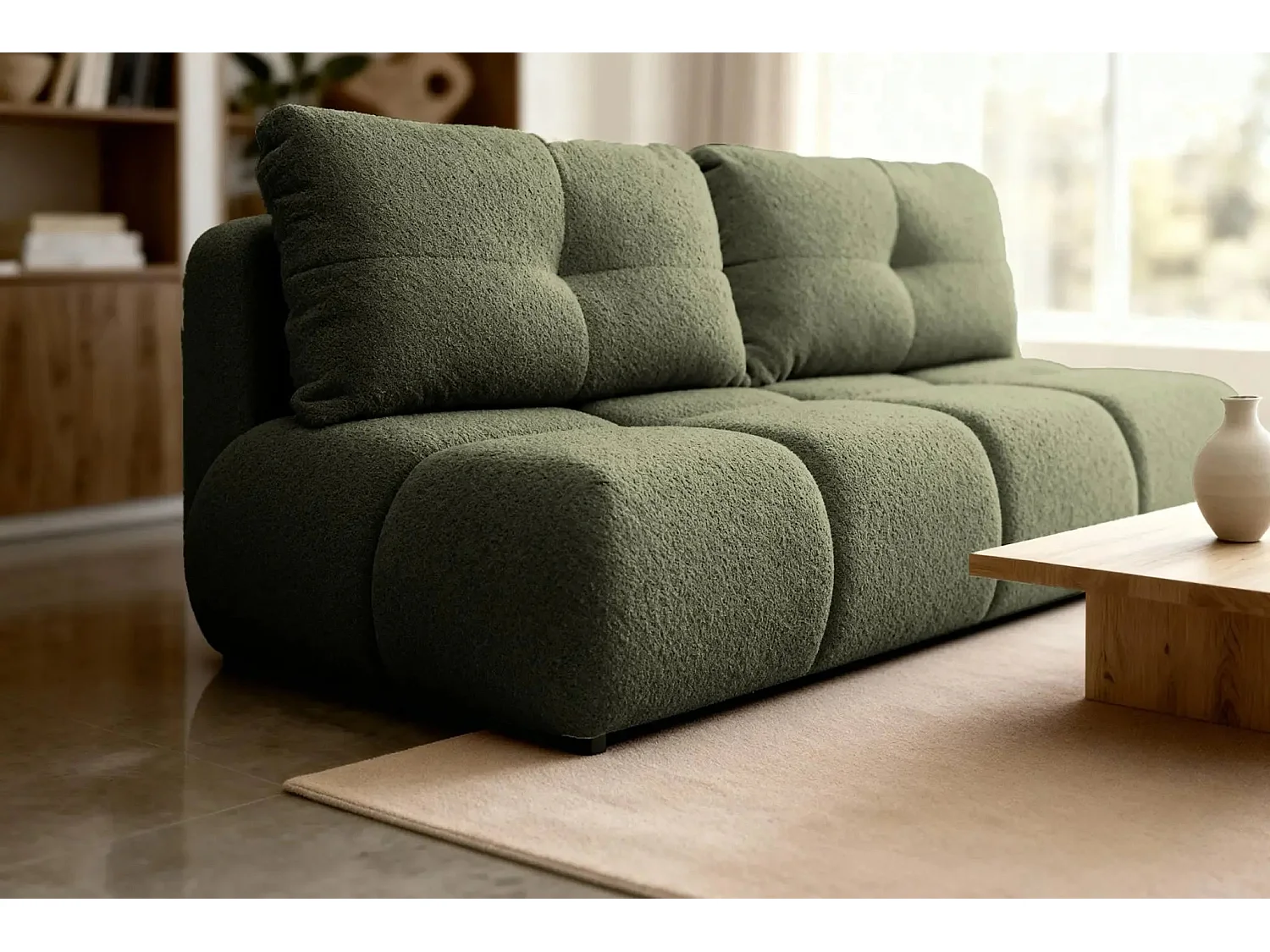 CONSTANCE MINI - Canapé droit convertible tissu bouclette 2 places - Vert