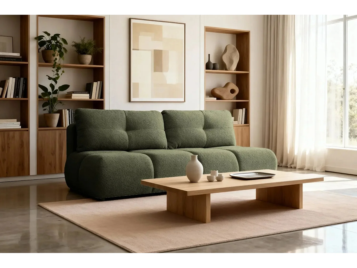 CONSTANCE MINI - Canapé droit convertible tissu bouclette 2 places - Vert