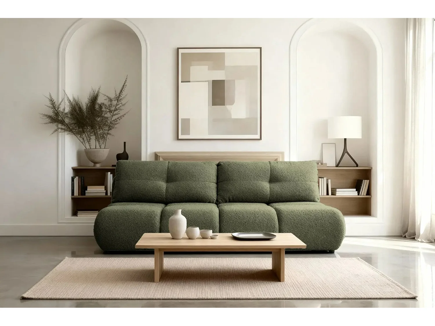 CONSTANCE MINI - Canapé droit convertible tissu bouclette 2 places - Vert