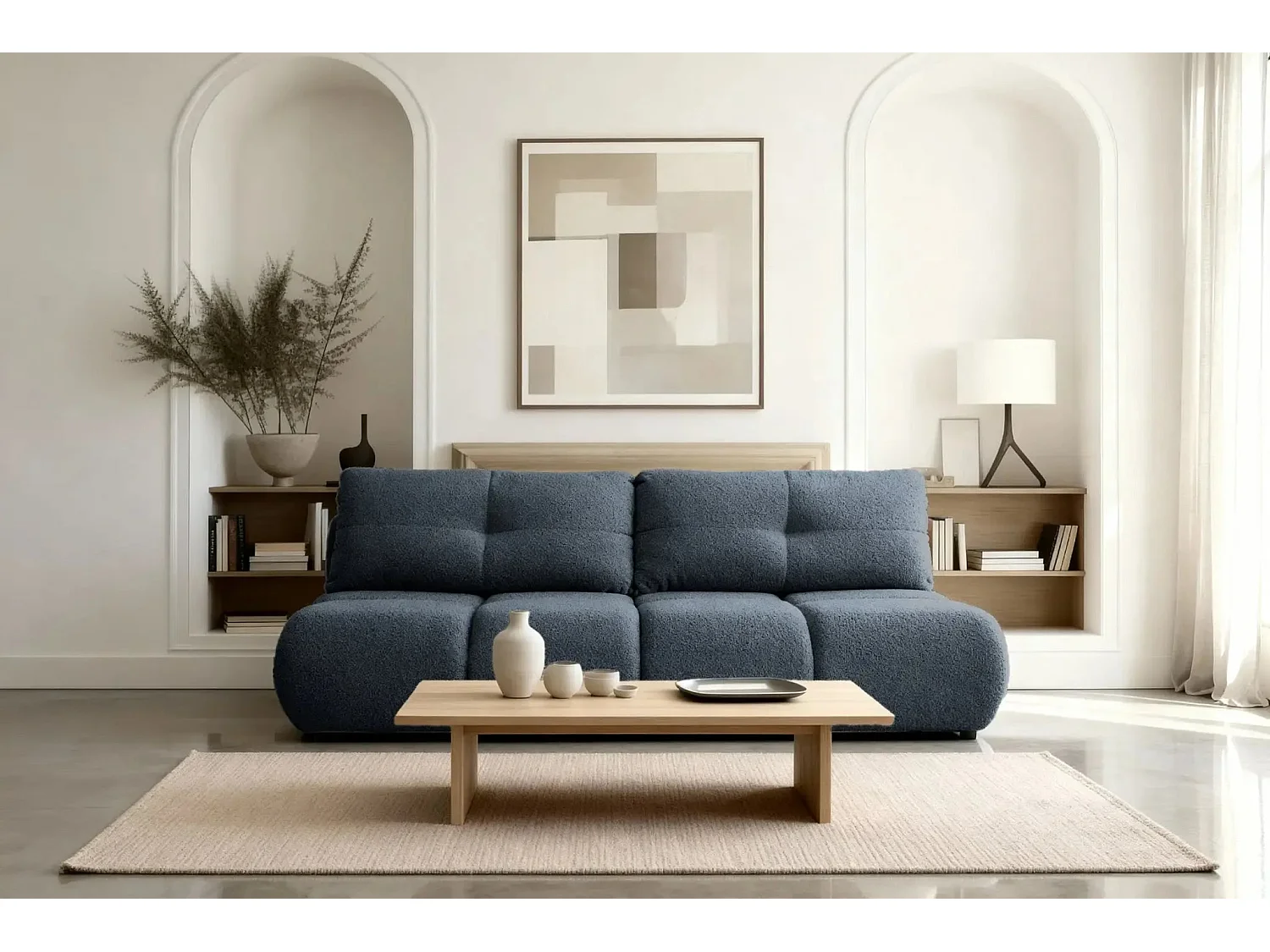 CONSTANCE MINI - Canapé droit convertible tissu bouclette 2 places - Bleu