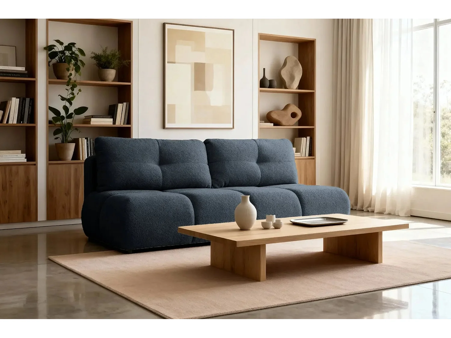 CONSTANCE MINI - Canapé droit convertible tissu bouclette 2 places - Bleu