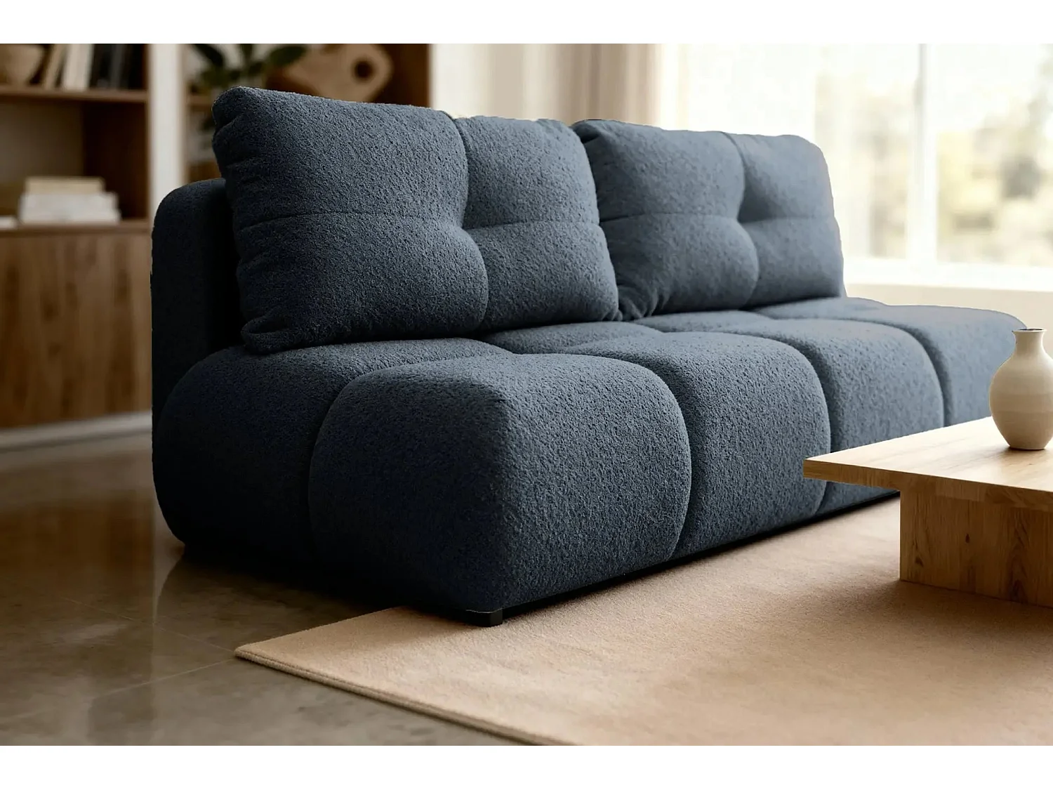 CONSTANCE MINI - Canapé droit convertible tissu bouclette 2 places - Bleu