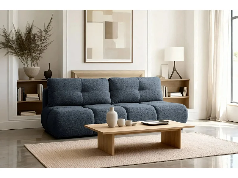 CONSTANCE MINI - Canapé droit convertible tissu bouclette 2 places - Bleu