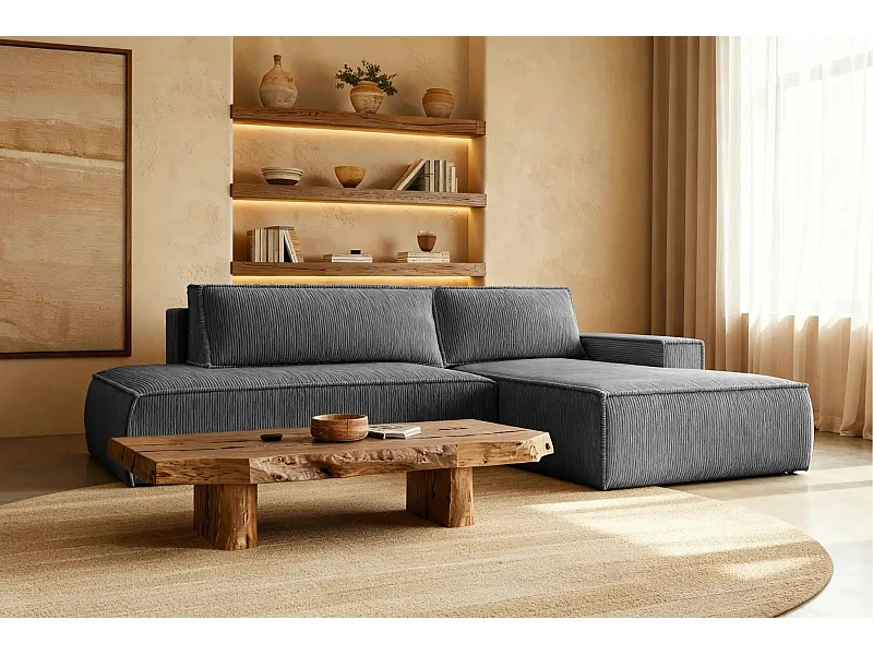 JADE - Canapé d'angle convertible velours côtelé - Gris foncé - Gauche