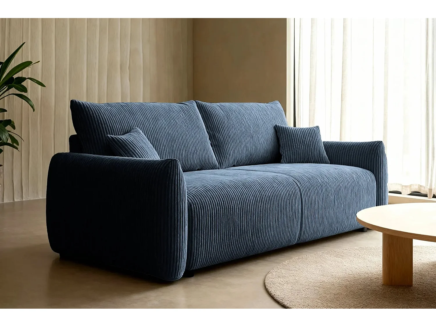 ELIO - Canapé droit convertible petit velours côtelé - Bleu