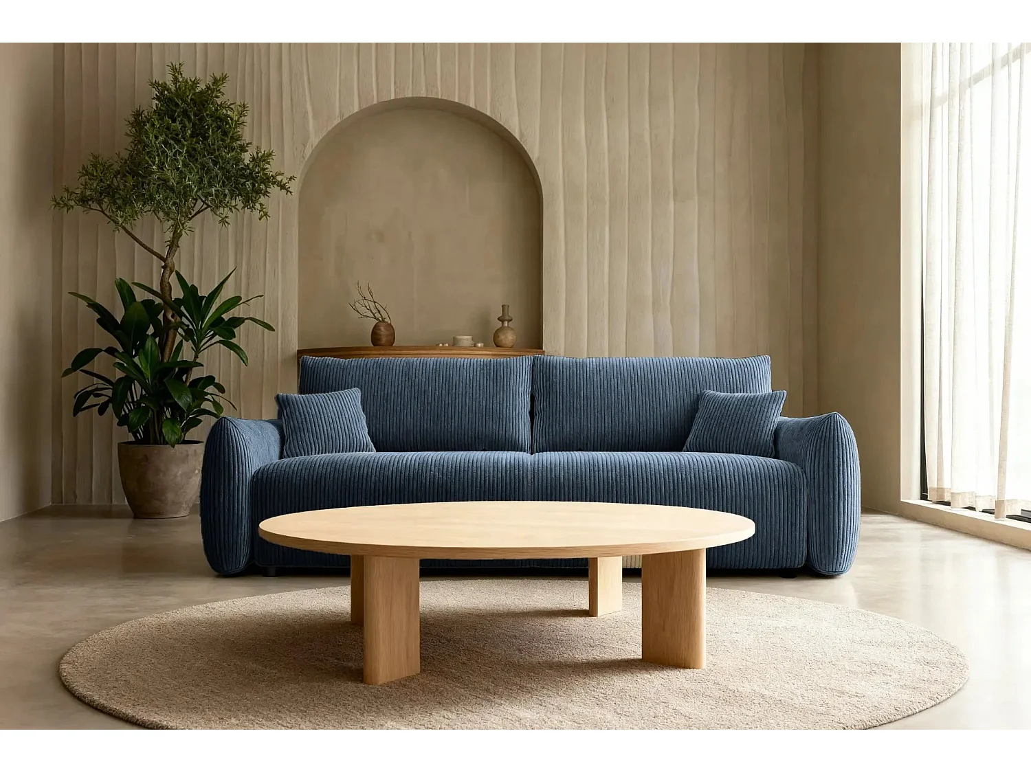 ELIO - Canapé droit convertible petit velours côtelé - Bleu