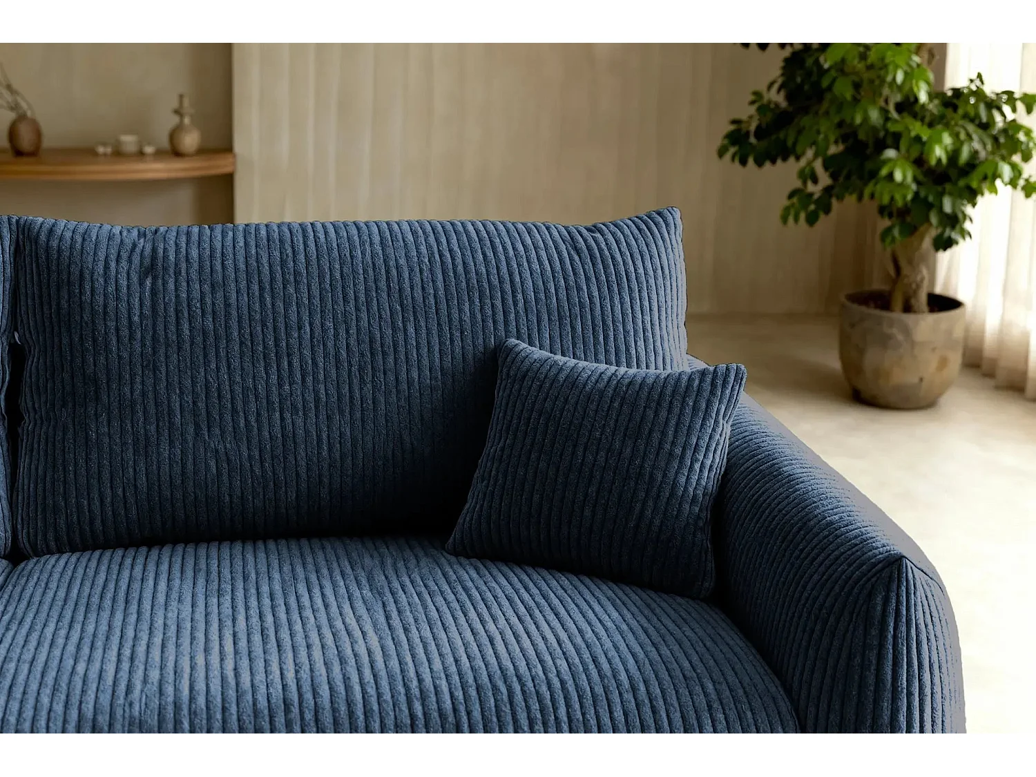 ELIO - Canapé droit convertible petit velours côtelé - Bleu