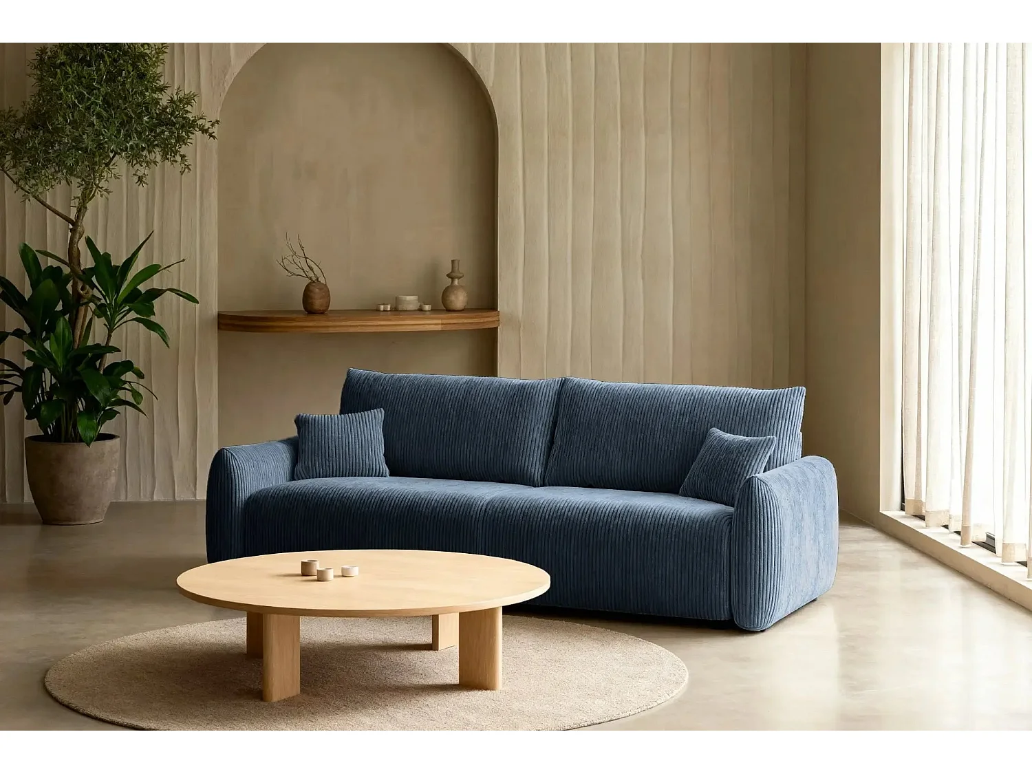 ELIO - Canapé droit convertible petit velours côtelé - Bleu