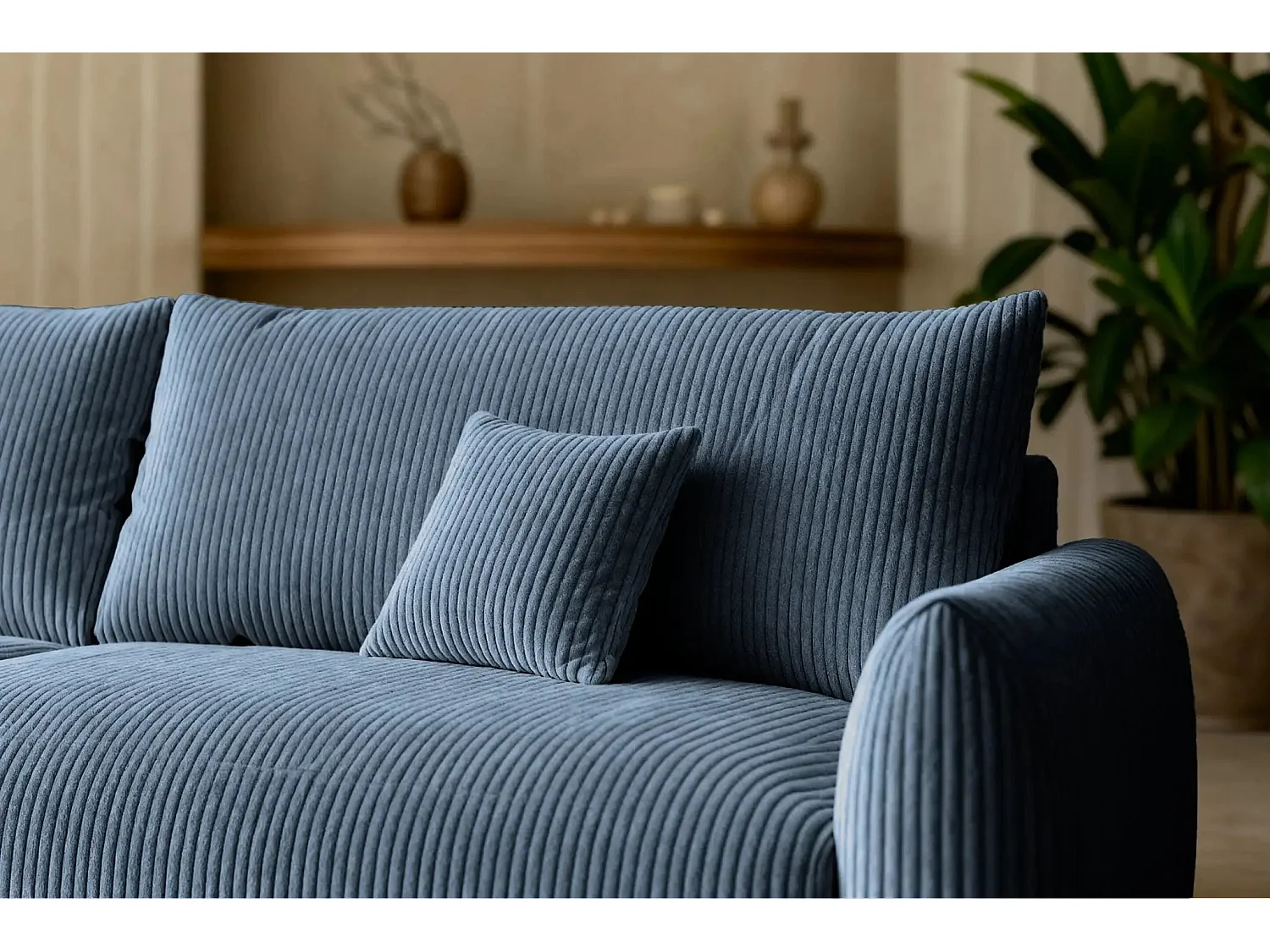 ELIO - Canapé droit convertible petit velours côtelé 3 places - Bleu