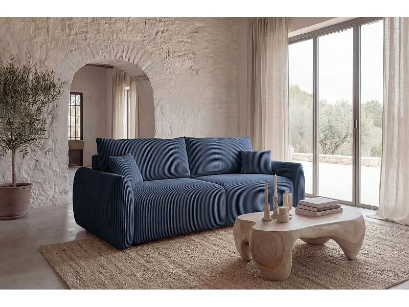 ELIO - Canapé droit convertible petit velours côtelé 3 places - Bleu