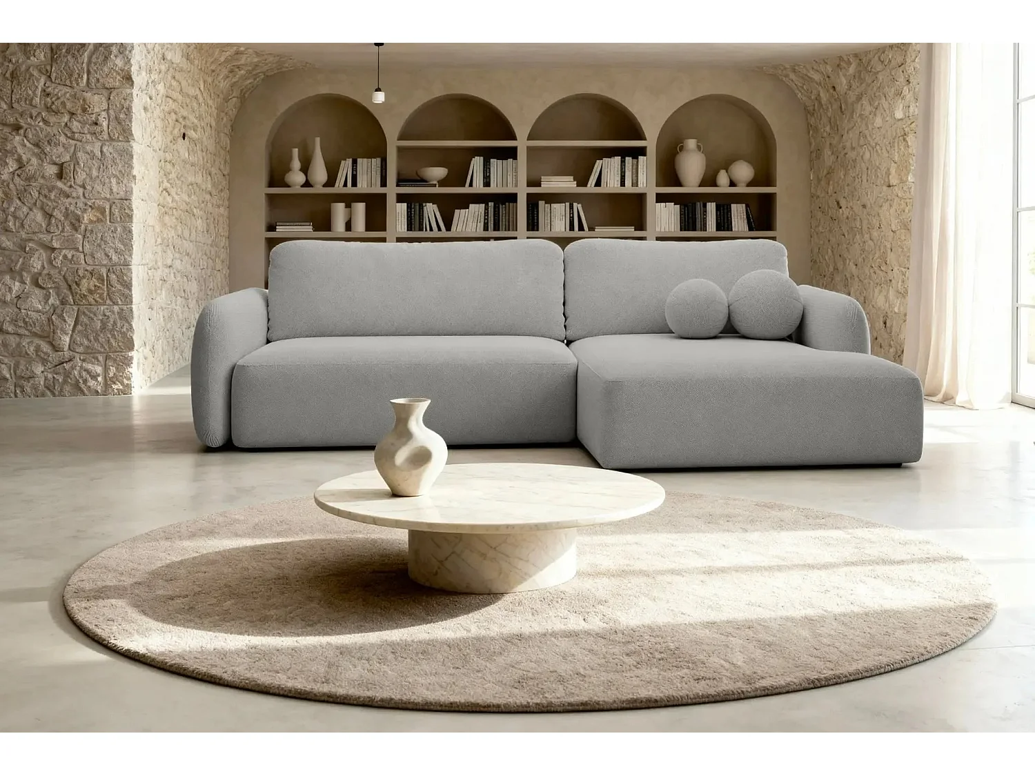 GIGI - Canapé d'angle convertible tissu bouclette 4 places - Gris clair- Gauche