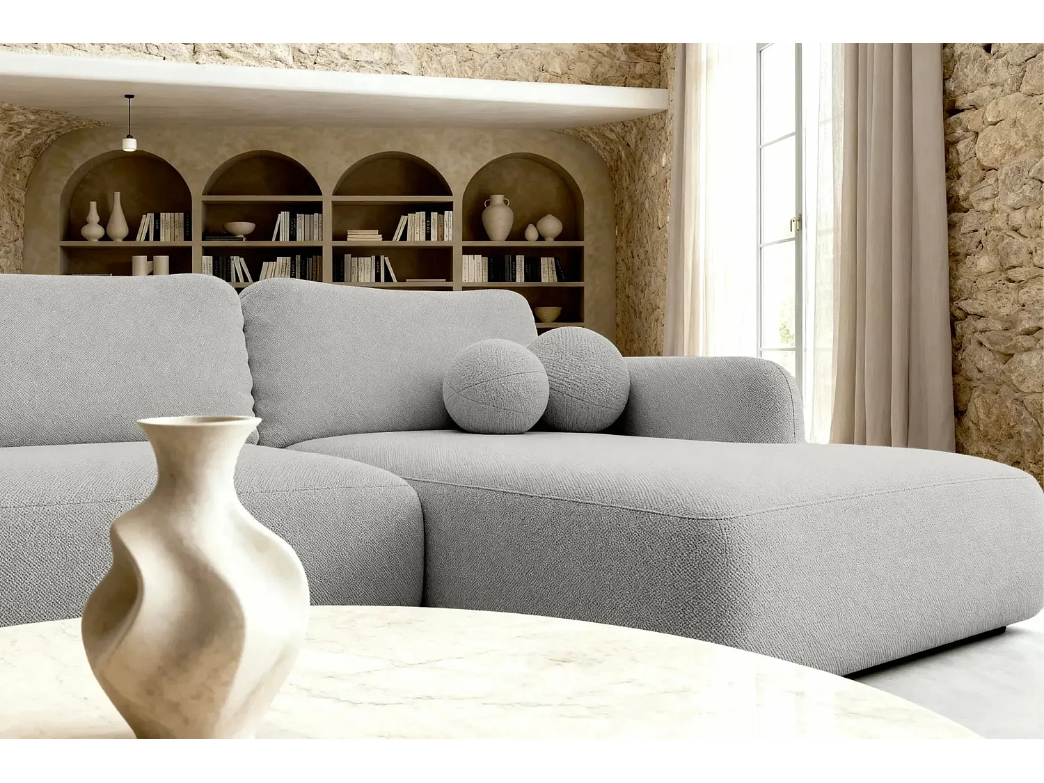 GIGI - Canapé d'angle convertible tissu bouclette 4 places - Gris clair- Gauche