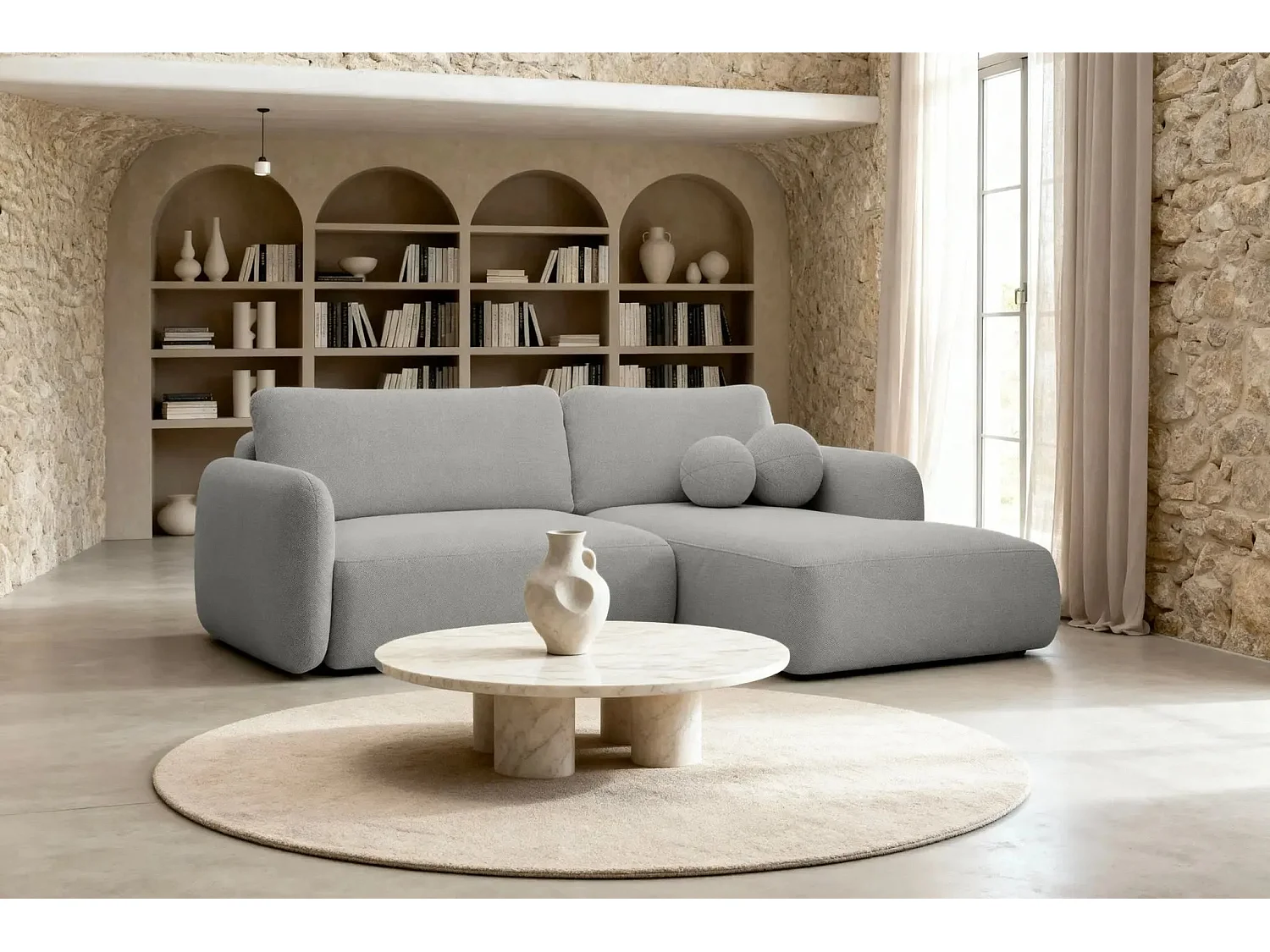 GIGI - Canapé d'angle convertible tissu bouclette 4 places - Gris clair- Gauche