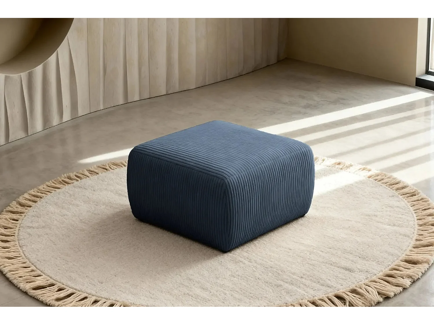 ELIO - Pouf en petit velours côtelé Bleu 74x74x41