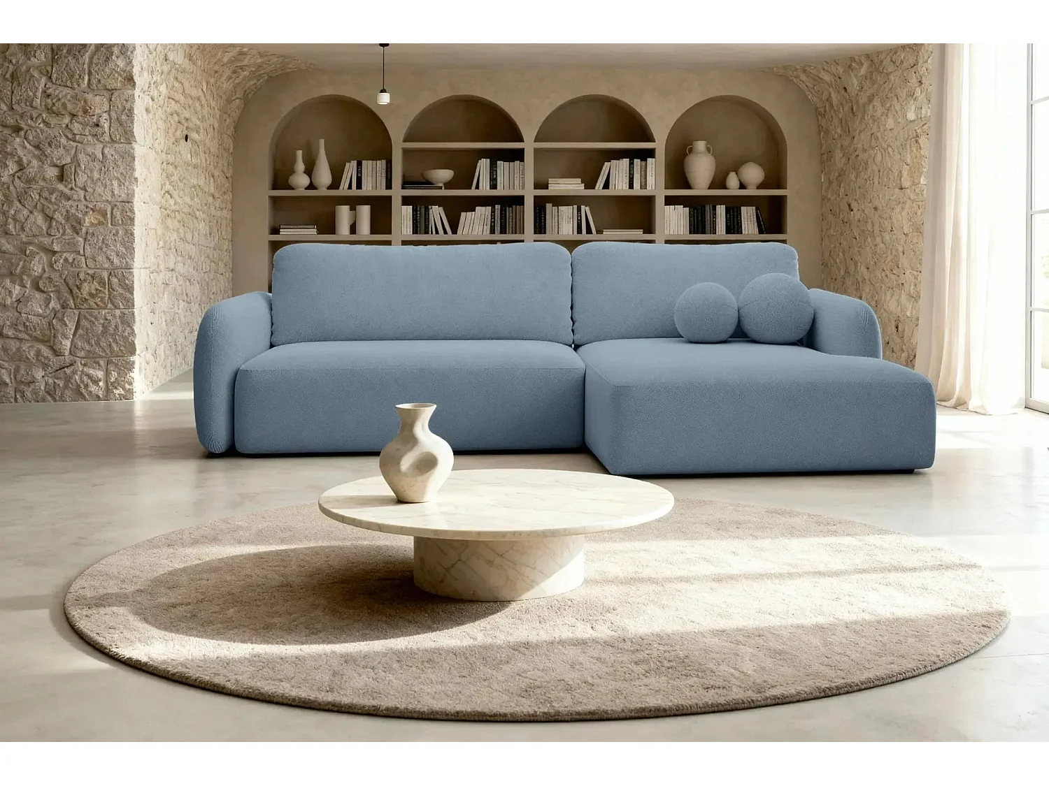 GIGI - Canapé d'angle convertible tissu bouclette 4 places - Bleu - Gauche