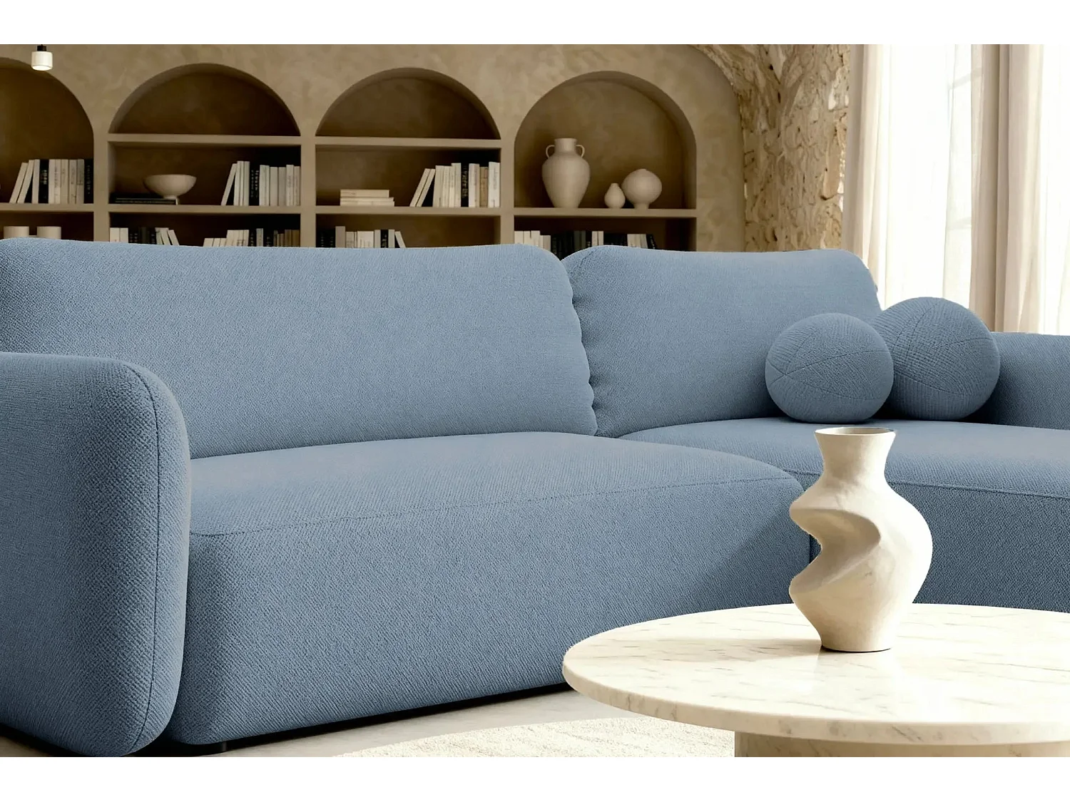 GIGI - Canapé d'angle convertible tissu bouclette 4 places - Bleu - Gauche
