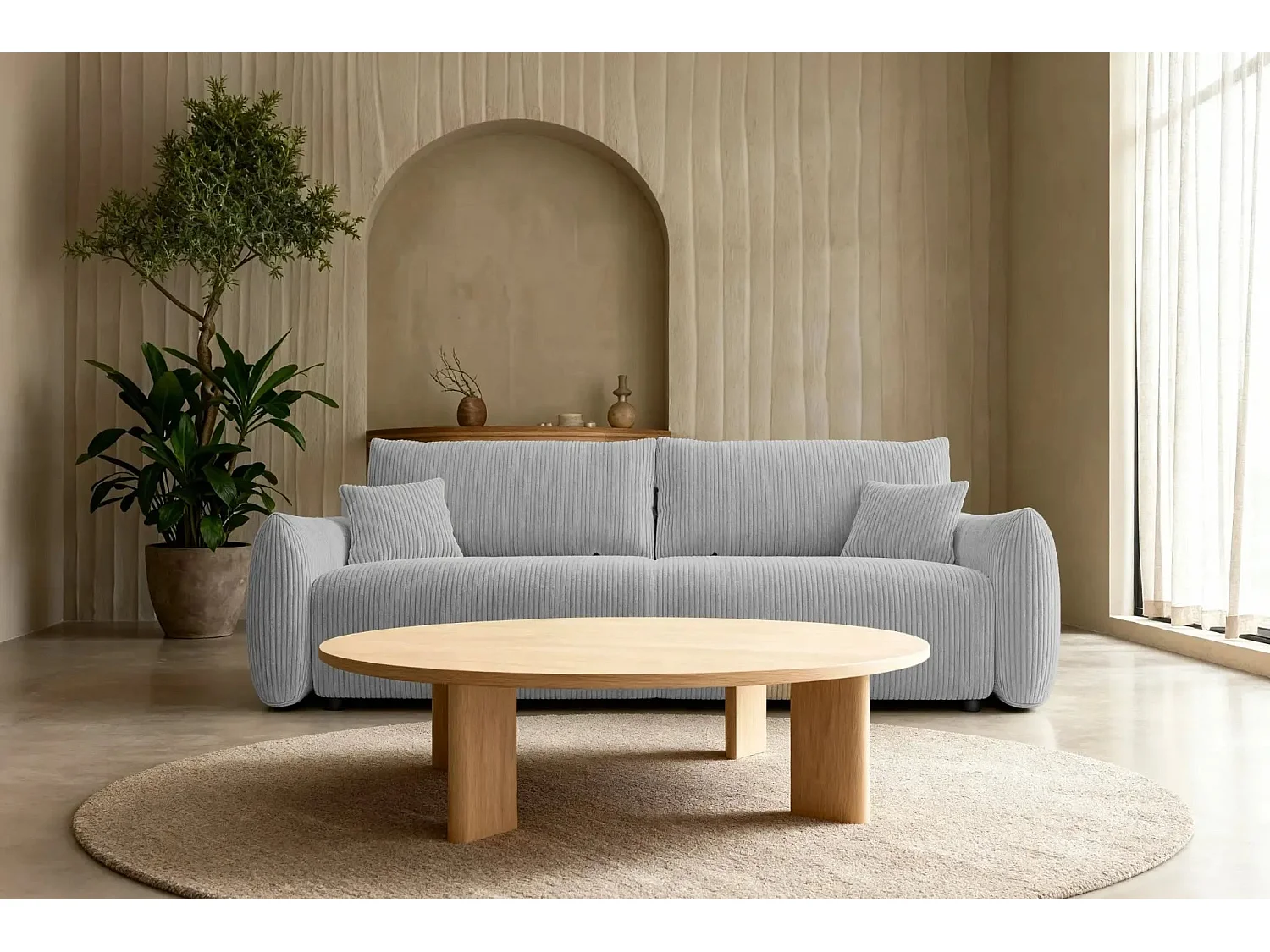 ELIO - Canapé droit convertible petit velours côtelé - Gris clair