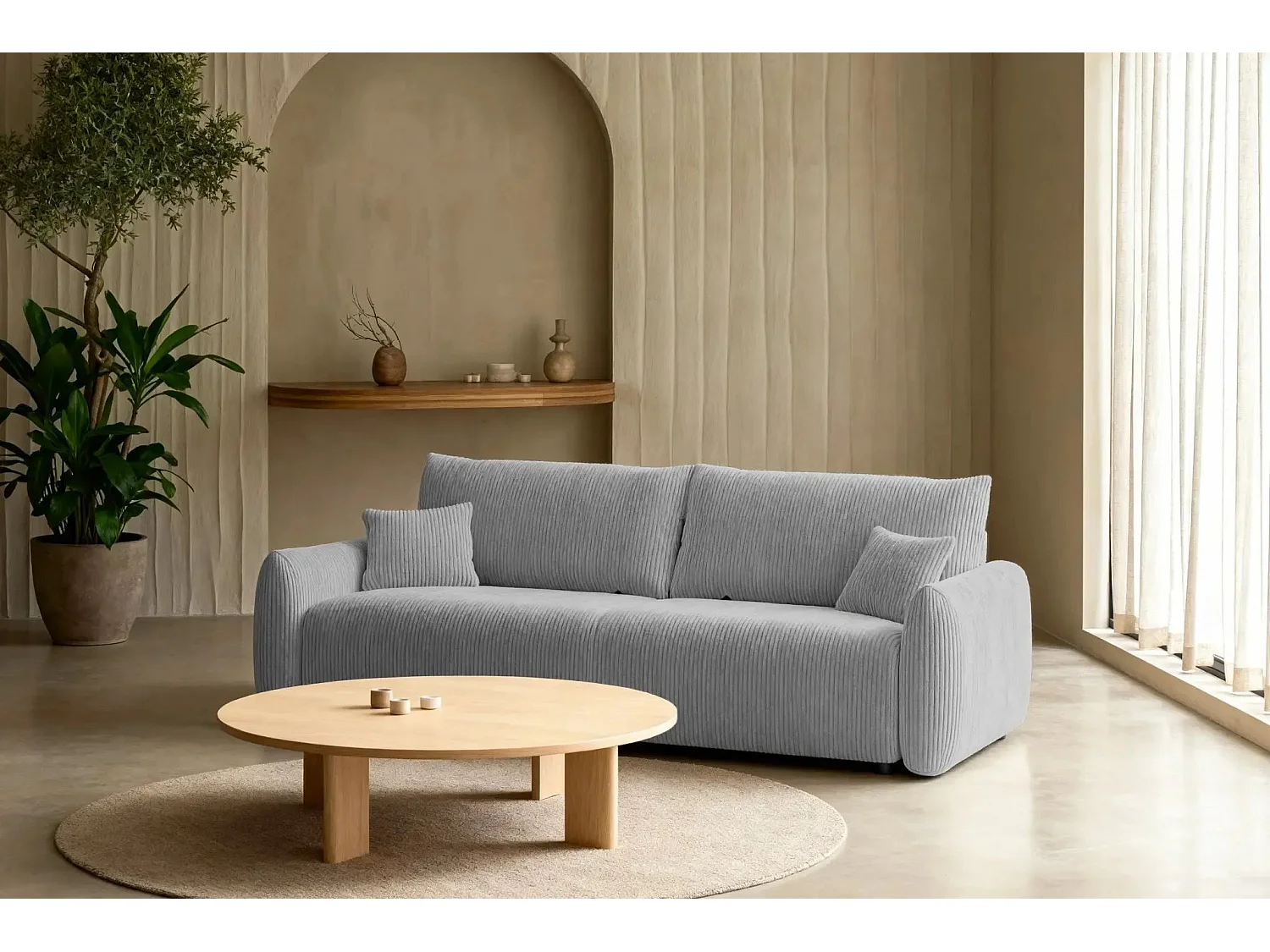 ELIO - Canapé droit convertible petit velours côtelé - Gris clair