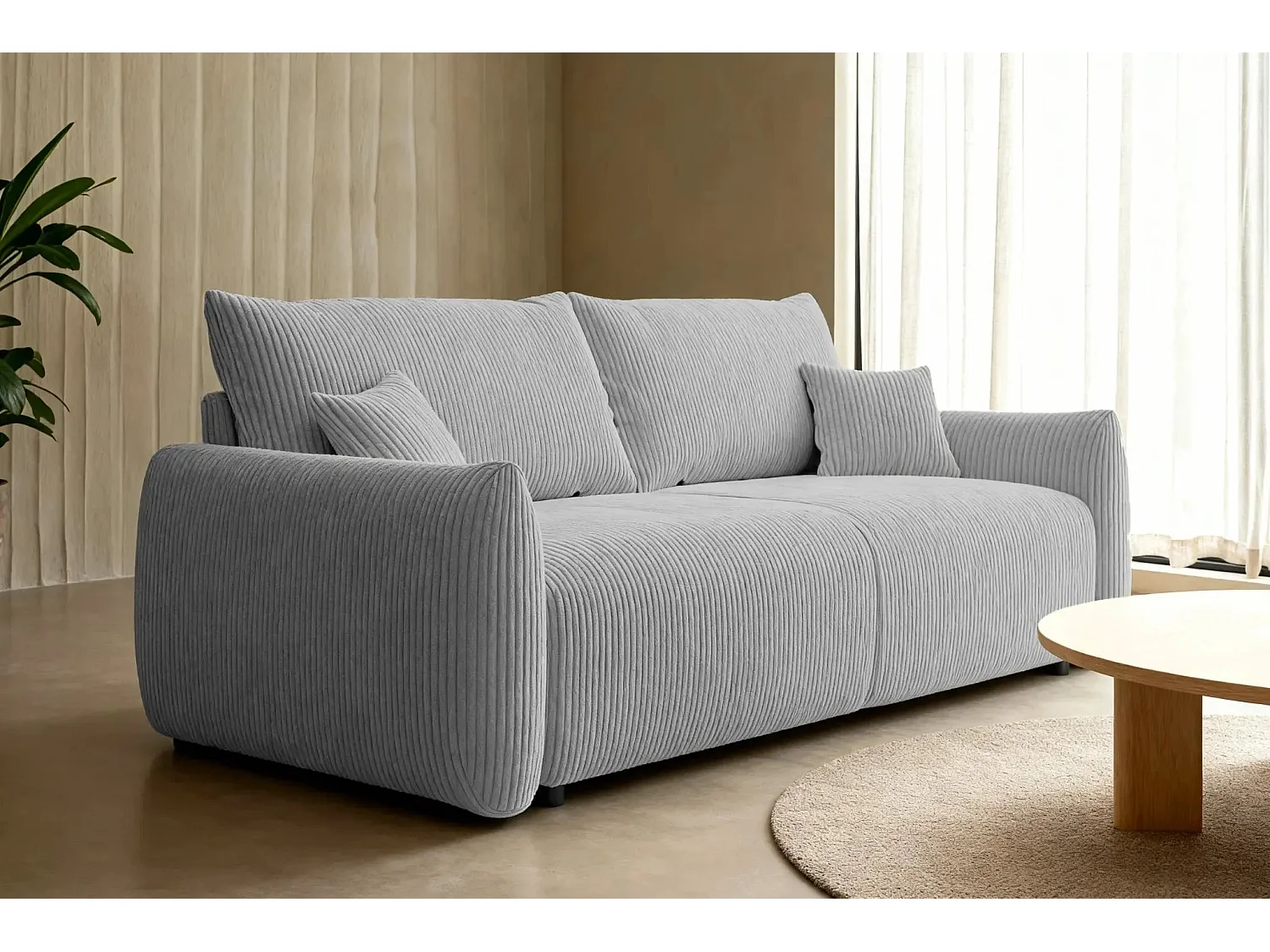 ELIO - Canapé droit convertible petit velours côtelé 3 places - Gris clair
