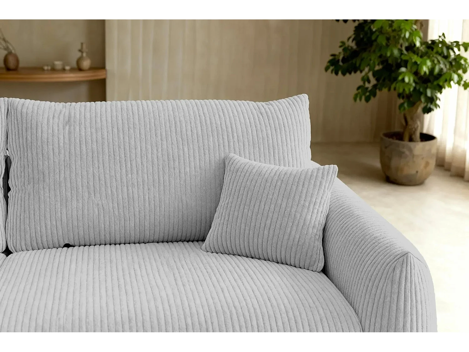 ELIO - Canapé droit convertible petit velours côtelé 3 places - Gris clair