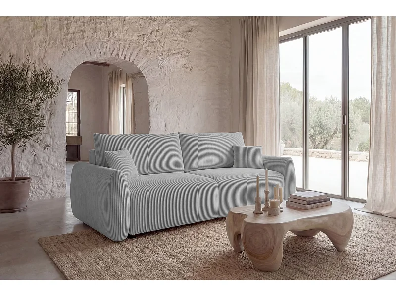 ELIO - Canapé droit convertible petit velours côtelé 3 places - Gris clair