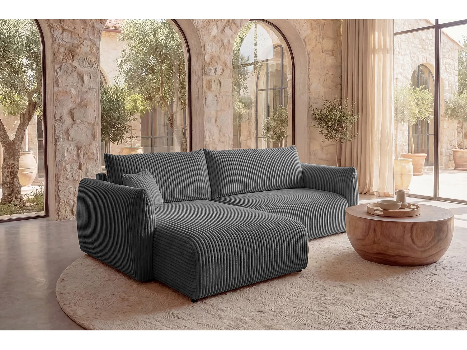 ELIO - Canapé d'angle convertible gros velours côtelé - Gris foncé