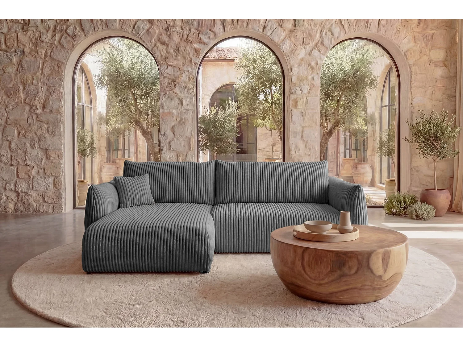 ELIO - Canapé d'angle convertible gros velours côtelé - Gris foncé