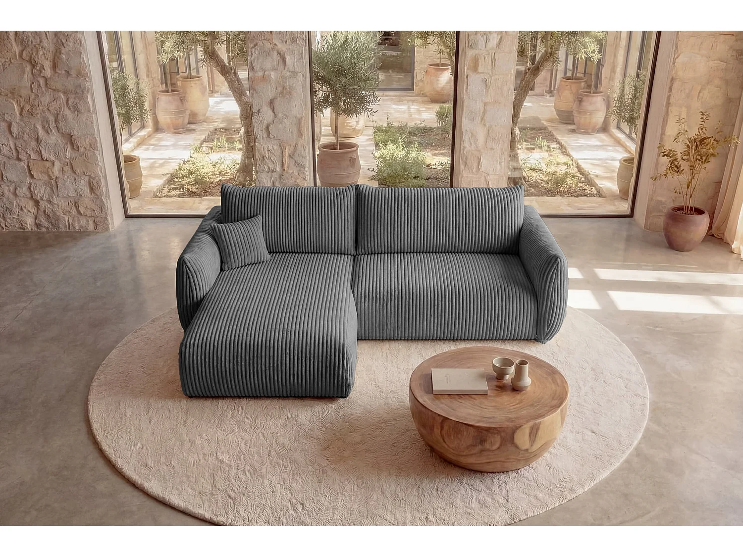 ELIO - Canapé d'angle convertible gros velours côtelé - Gris foncé