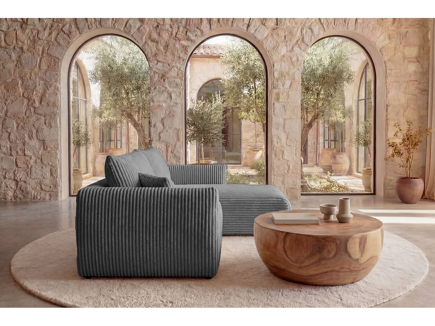 ELIO - Canapé d'angle convertible gros velours côtelé - Gris foncé