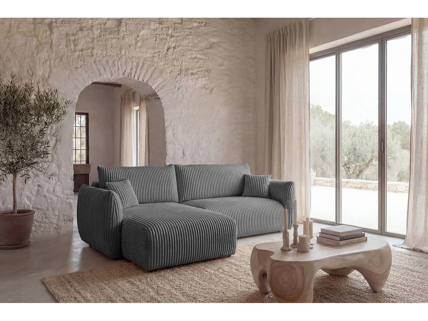 ELIO - Canapé d'angle convertible gros velours côtelé 4 places - Gris foncé